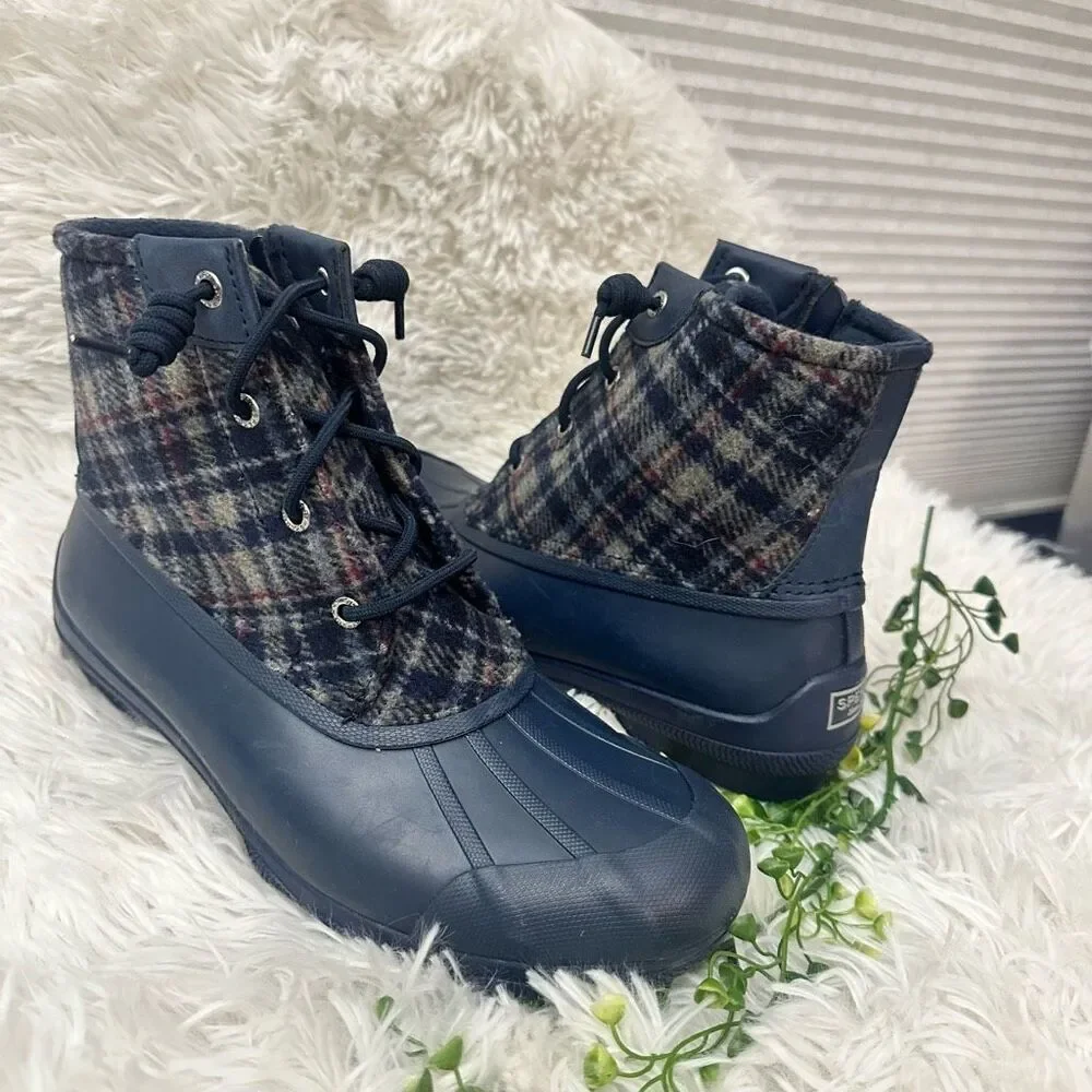 SPERRY Saltwater Wool Plaid Blue Duck Winter Rain‎ Ankle Boots Side Zip sz 8 NEW